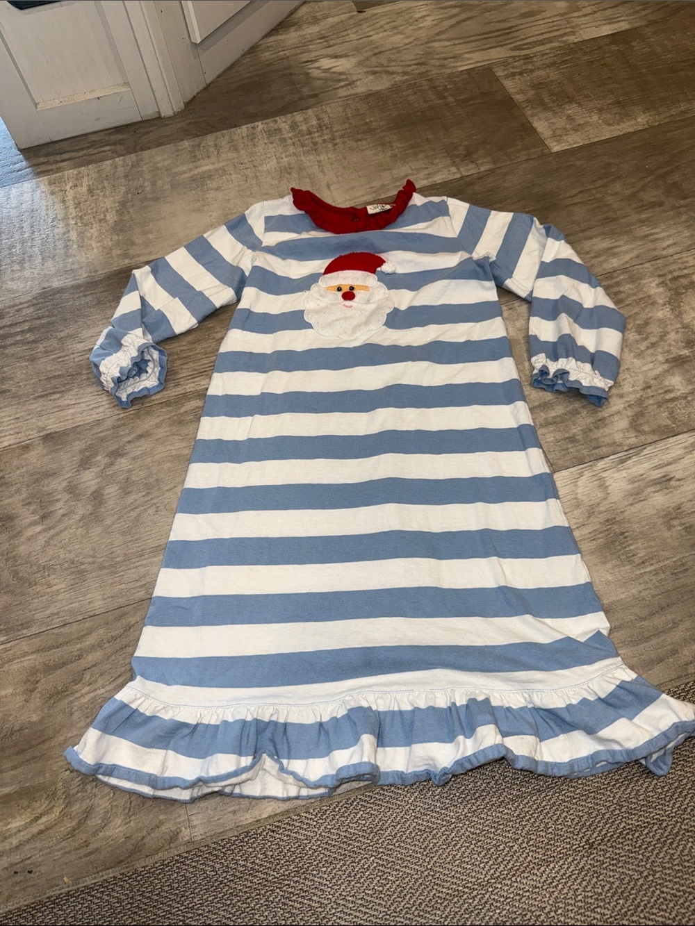 ' Blue & White Striped Santa Nightgown with Red Trim